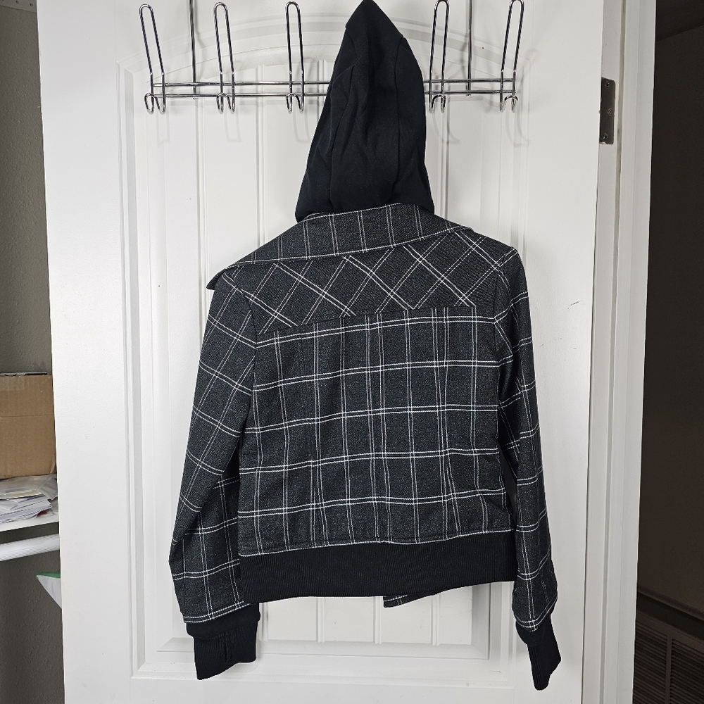Habitual Girls Lyla Plaid French Terry Hoodie Zip Jacket Size 12 Black Moto - Picture 7 of 9
